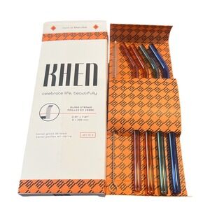 Khen Tonal Glass Straws Set of 4 Reusable Bent Straws with Cleaning Brush NEW